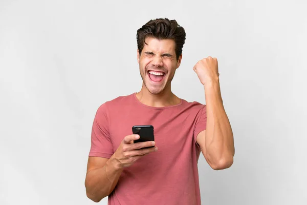 Young Handsome Caucasian Man Isolated White Background Phone Victory Position — Stock Photo, Image