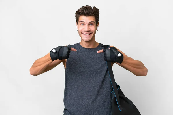 Young Sport Caucasian Man Sport Bag Isolated White Background Surprise — 스톡 사진