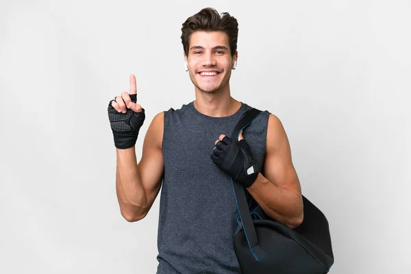 Νεαρός Αθλητής Καυκάσιος Άνδρας Αθλητική Τσάντα Πάνω Από Απομονωμένο Λευκό — Φωτογραφία Αρχείου