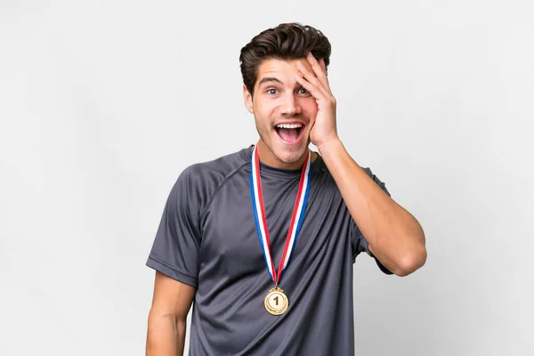 Young Caucasian Man Medals Isolated White Background Surprise Shocked Facial — Stock Photo, Image