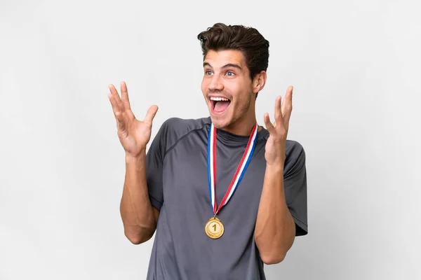 Young Caucasian Man Medals Isolated White Background Surprise Facial Expression — Stock Photo, Image