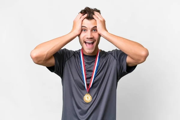 Young Caucasian Man Medals Isolated White Background Surprise Expression — Stock Photo, Image
