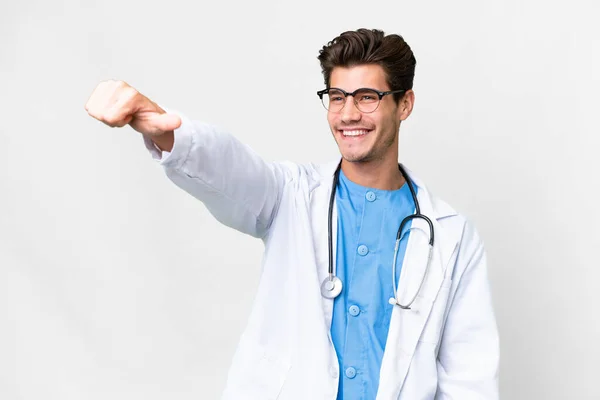 Young Doctor Man Isolated White Background Giving Thumbs Gesture — Stock Photo, Image