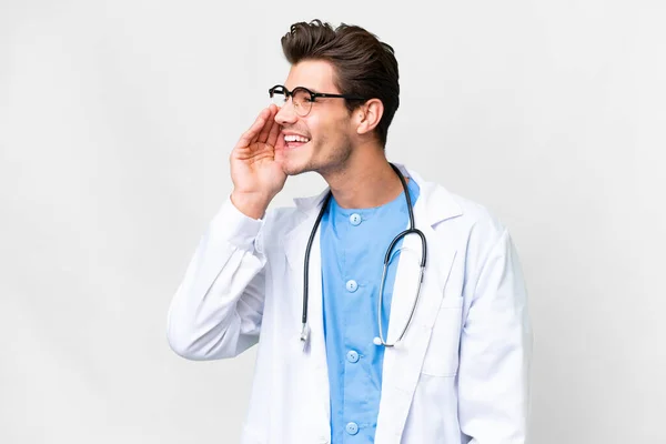 Young Doctor Man Isolated White Background Shouting Mouth Wide Open — Stock Photo, Image