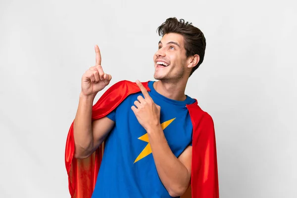 Super Hero Kaukasische Man Geïsoleerde Witte Achtergrond Wijzen Met Wijsvinger — Stockfoto