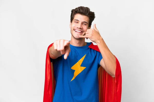 Супергерой Кокасіан Над Ізольованим Білим Фоном Робить Телефонний Жест Вказує — стокове фото