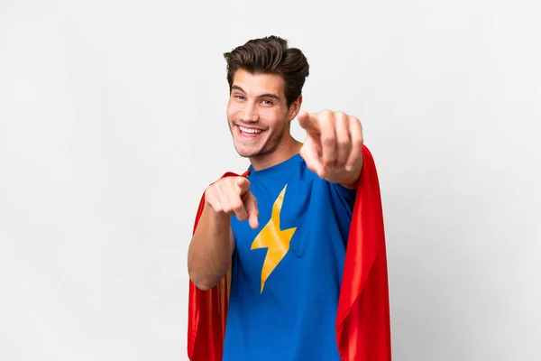 Super Herói Caucasiano Homem Sobre Isolado Fundo Branco Aponta Dedo — Fotografia de Stock