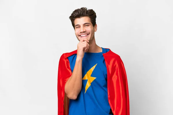 Super Herói Caucasiano Homem Sobre Isolado Fundo Branco Sorrindo — Fotografia de Stock