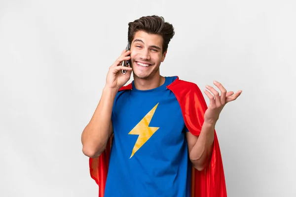 Super Hero Caucasian Man Isolated White Background Keeping Conversation Mobile — Foto Stock