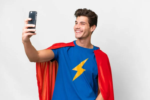 Super Eroe Uomo Caucasico Sfondo Bianco Isolato Facendo Selfie — Foto Stock