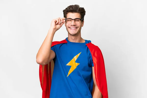 Супергерой Белый Мужчина Изолированном Белом Фоне Очках Счастливый — стоковое фото