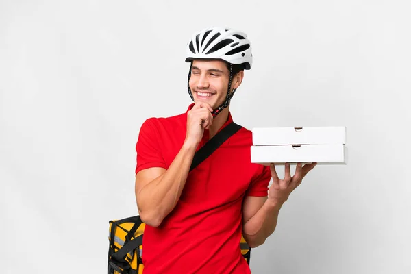Pizza Delivery Man Work Uniform Pizza Boxes Isolated White Background — Φωτογραφία Αρχείου