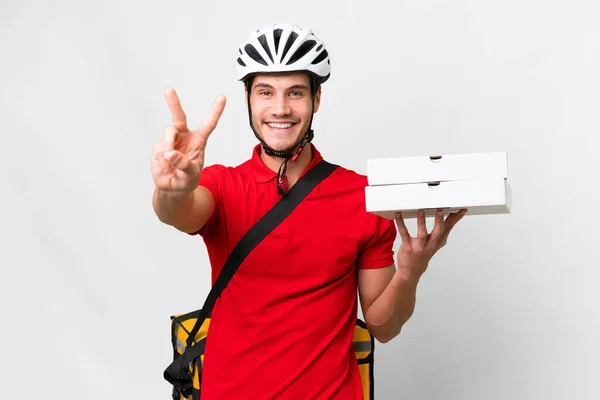 Pizza Delivery Man Work Uniform Picking Pizza Boxes Isolated White — Φωτογραφία Αρχείου