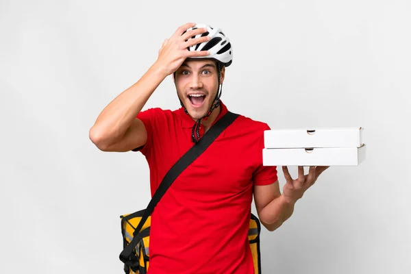 Pizza Delivery Man Work Uniform Picking Pizza Boxes Isolated White — Φωτογραφία Αρχείου