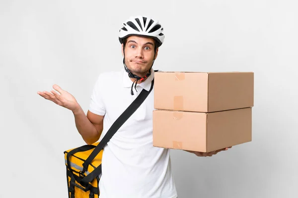 Delivery Man Wearing Helmet Bike Isolated White Background Having Doubts — Stock Photo, Image