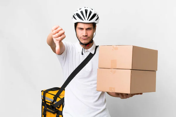 Delivery Man Wearing Helmet Bike Isolated White Background Showing Thumb — Stock Photo, Image