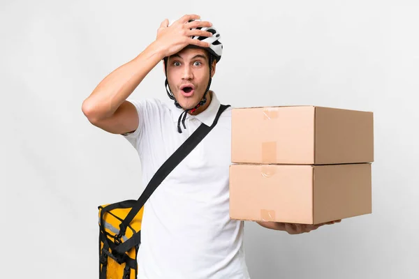 Delivery Man Wearing Helmet Bike Isolated White Background Surprise Expression — Stock Photo, Image