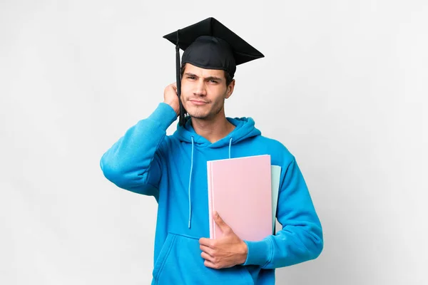 Young University Graduate Man Isolated White Background Having Doubts — Stok fotoğraf