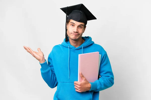 Young University Graduate Man Isolated White Background Having Doubts While — Stock Photo, Image