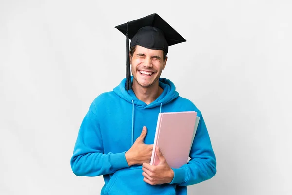 Genç Üniversite Mezunu Soyutlanmış Beyaz Arka Planda Gülümseyen Biri — Stok fotoğraf