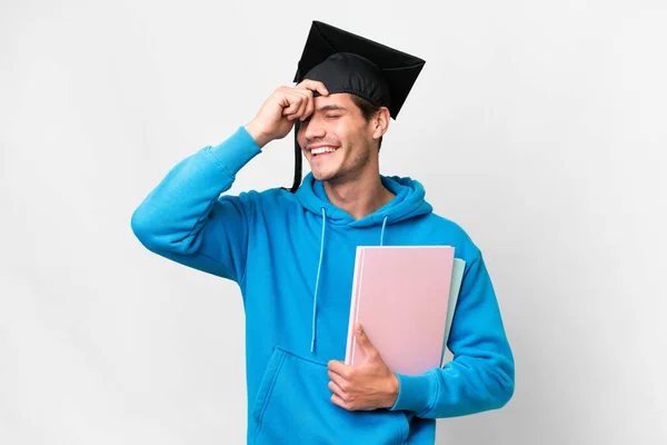 Genç Üniversite Mezunu Soyutlanmış Beyaz Arka Planda Gülümseyen Biri — Stok fotoğraf
