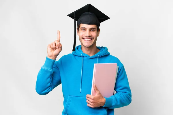 Young University Graduate Man Isolated White Background Pointing Great Idea — Stock Photo, Image