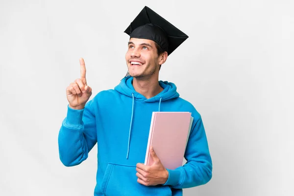 Young University Graduate Man Isolated White Background Pointing Great Idea — Stock Photo, Image