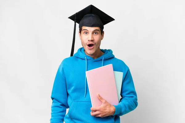 Young University Graduate Man Isolated White Background Surprise Facial Expression — Stock Photo, Image