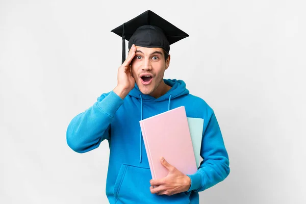 Young University Graduate Man Isolated White Background Surprise Shocked Facial — Stok fotoğraf