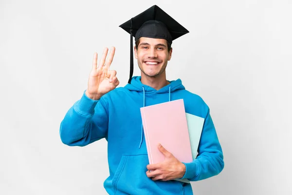 Young University Graduate Man Isolated White Background Happy Counting Three — Stok fotoğraf