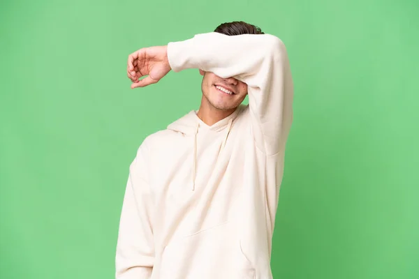 Young Caucasian Handsome Man Isolated Background Covering Eyes Hands — 스톡 사진