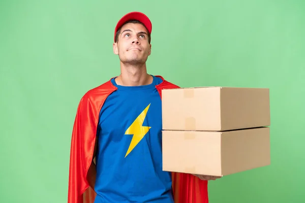 Super Hero Delivery Man Isolated Background Looking — 스톡 사진