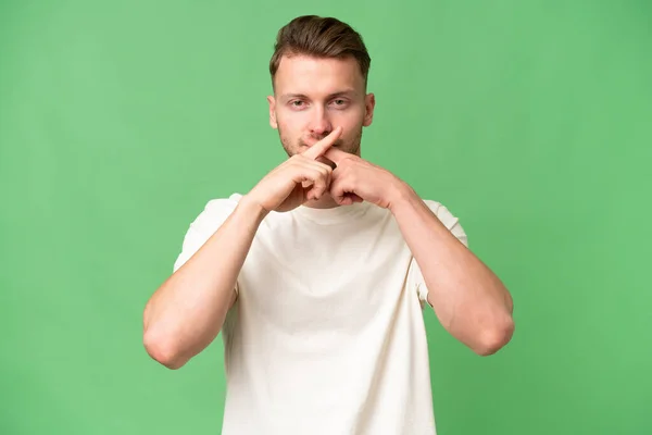 Young Blonde Caucasian Man Isolated Background Showing Sign Silence Gesture — Stock Photo, Image