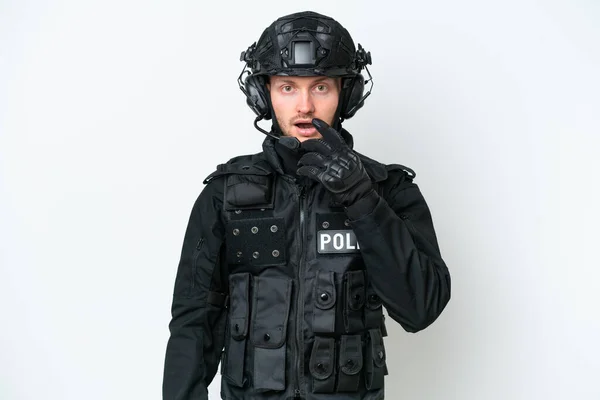 Swat Man Över Isolerad Vit Bakgrund Förvånad Och Chockad När — Stockfoto