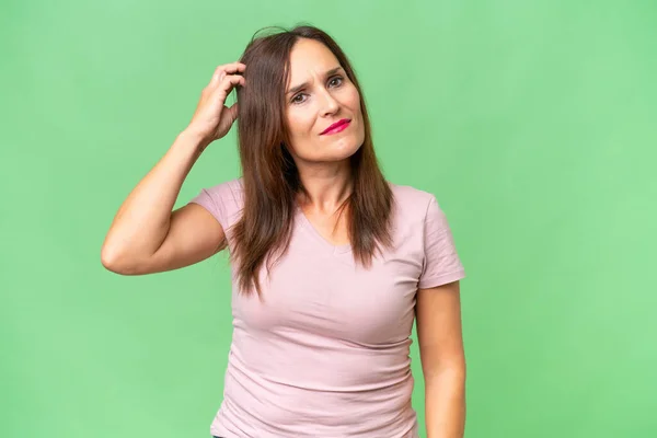 Middle Aged Caucasian Woman Isolated Background Having Doubts While Scratching — Stock Photo, Image