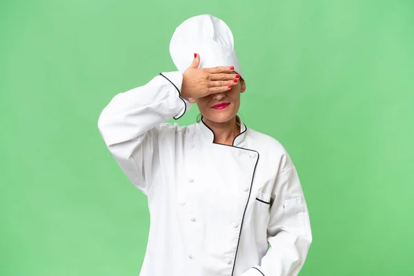 Middle Aged Chef Woman Isolated Background Covering Eyes Hands Want — Stock Photo, Image