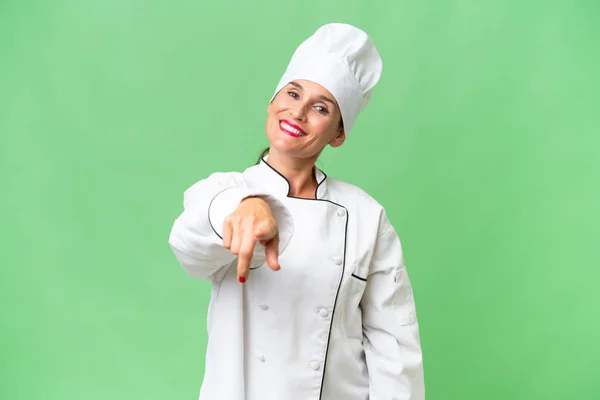 Middle Aged Chef Woman Isolated Background Points Finger You Confident — Stock Photo, Image