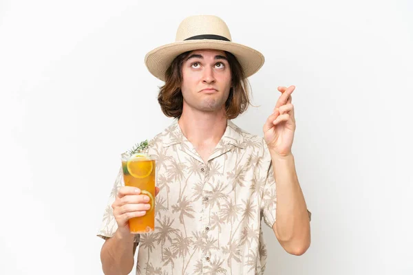 Young Handsome Man Holding Cocktail Isolated White Background Fingers Crossing — Stock Photo, Image