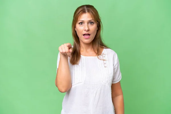 Middle Aged Caucasian Woman Isolated Background Surprised Pointing Front — Stock Photo, Image