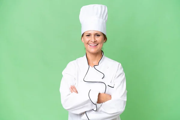 Chef Donna Mezza Età Sfondo Isolato Mantenendo Braccia Incrociate Posizione — Foto Stock