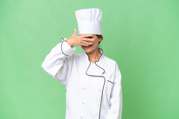 Middle Aged Chef Woman Isolated Background Covering Eyes Hands Smiling — Stock Photo, Image