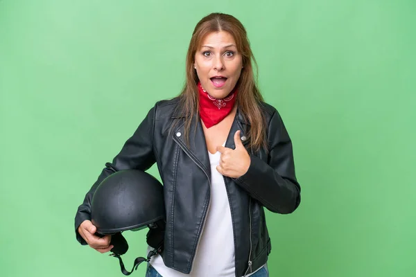 Middle Aged Caucasian Woman Motorcycle Helmet Isolated Background Surprise Facial — Stock Photo, Image