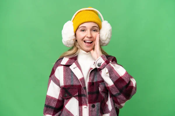 Young English Woman Wearing Winter Muffs Isolated Background Shouting Mouth — Stock Photo, Image