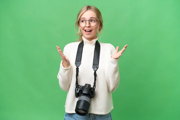 Young Photographer English Woman Isolated Background Surprise Facial Expression — Stock Photo, Image