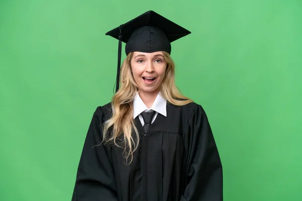 若い大学英語の大学院生女性上の隔離された背景に驚きの顔の式 — ストック写真