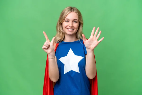 Super Herói Mulher Inglesa Sobre Fundo Isolado Contando Sete Com — Fotografia de Stock