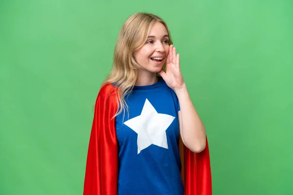 Super Hero English Woman Isolated Background Shouting Mouth Wide Open — Stock Photo, Image