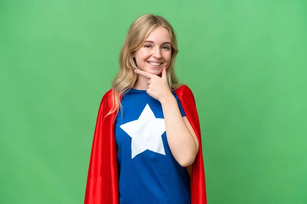 Super Hero English Woman Isolated Background Smiling — Stock Photo, Image