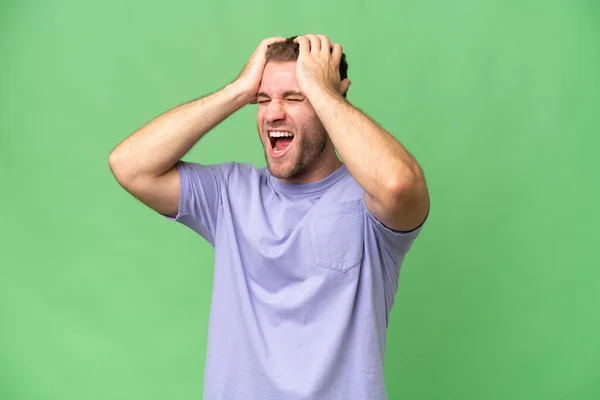 Young Handsome Caucasian Man Isolated Green Chroma Background Stressed Overwhelmed — Stock Photo, Image