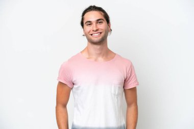 Caucasian handsome man isolated on white background laughing